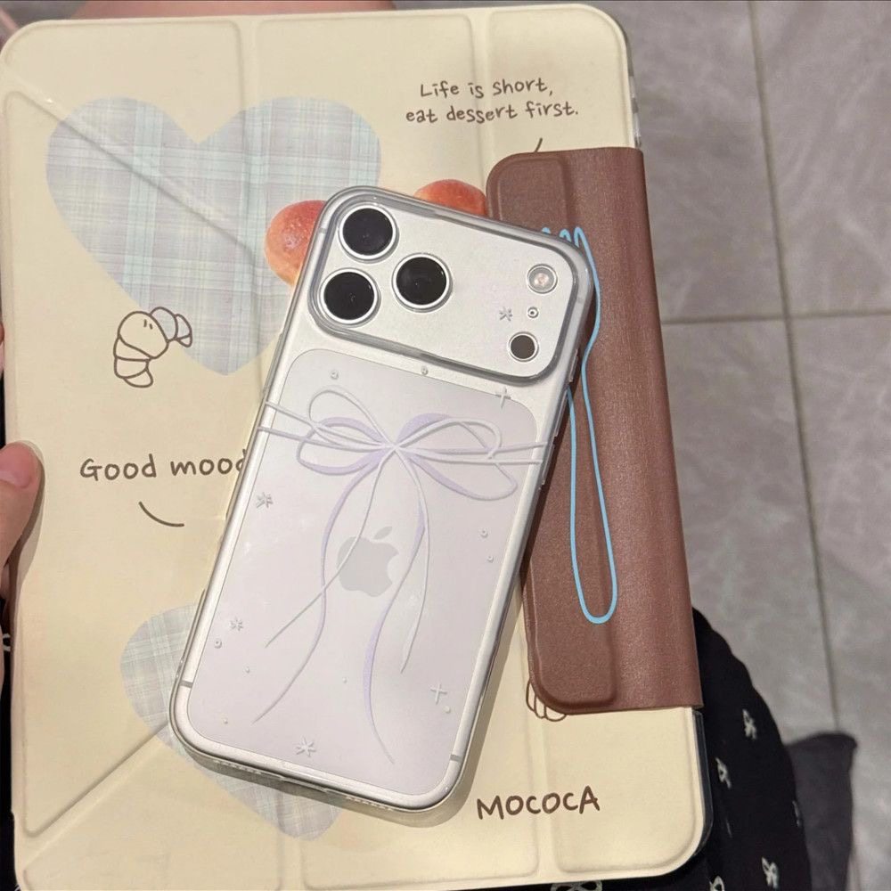 White and Purple Gentle Bow Phone Case Suitable for Apple iPhone 17/14 Pro Max 16 Apple 17/15 Plus 12/13 Fine Hole Transparent