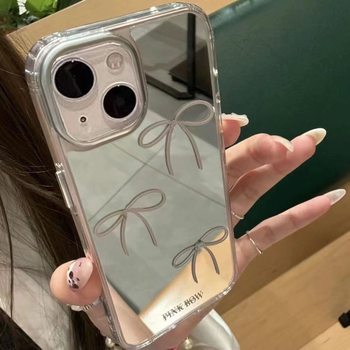 ins Wind Mirror Bowknot Case for Apple 17/16/15 Large Hole 14 Simple 13 Pro Max Large Hole Phone Case 12 Makeup Touch-Up