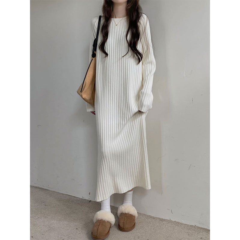 Xixixia·Coat Cp Lazy Style Ribbed Round Neck Long Knitted Dress Autumn and Winter Skirt