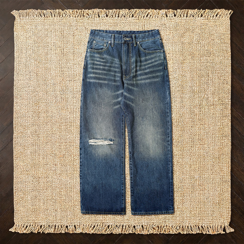 [Return Gift] Soft Container Washed and Distressed Red Denim Loose Straight Jeans