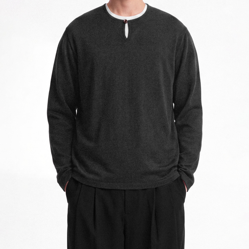 Soft Container Charcoal Gray One-Button Open-Front Wool Loose Long-Sleeve Crew Neck T-Shirt for Men and Women, Simple Style