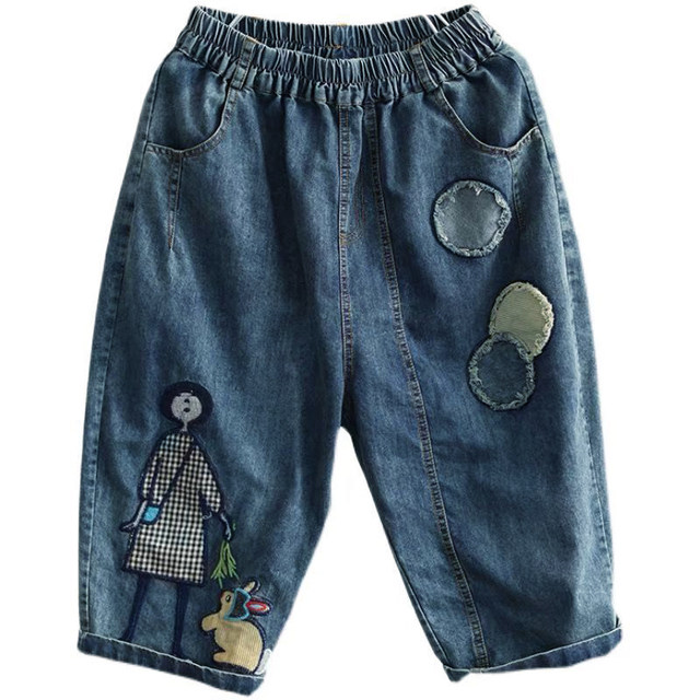 2023 Summer Thin Artistic High Waist Washed Cartoon Patch Embroidered Elastic Waist Harem Cropped Jeans for Women