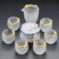 Smoky Water Ink Glazed Tea Set, High-End Household Tea Cups and Bowls, Gift Box Set for Home and Office Use
