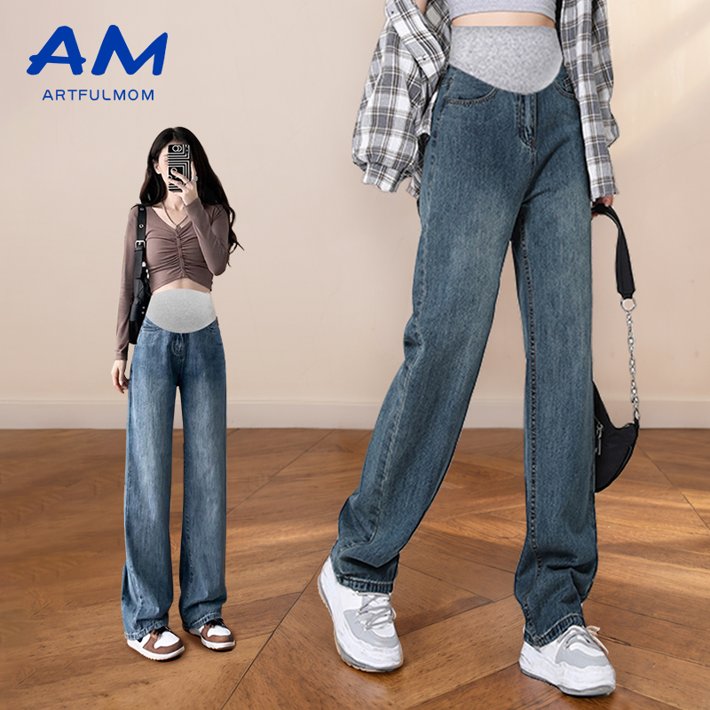 British Maternity Jeans, Spring and Autumn Style, 2026 New Model, Fleece-Lined, Belly-Supporting, Drapey Long Pants, Floor-Length Straight Wide-Leg Pants
