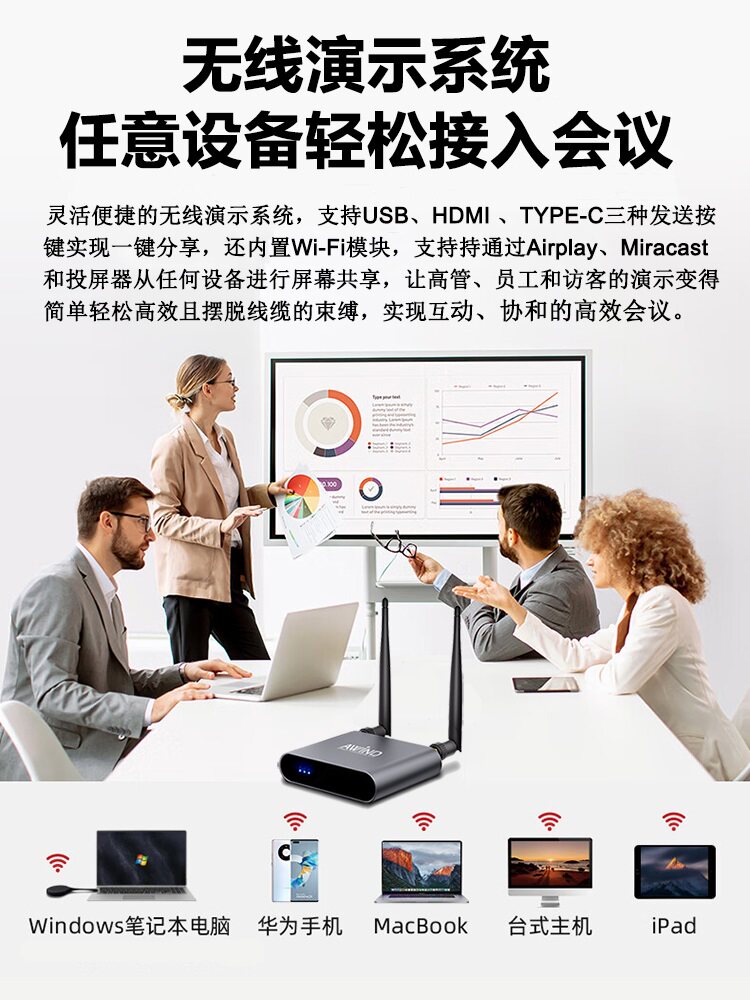 Qiji Wireless Screen Projector Mobile Phone Wireless Connection to Monitor Computer HDMI High-Definition Transmission 4K Conference Projector