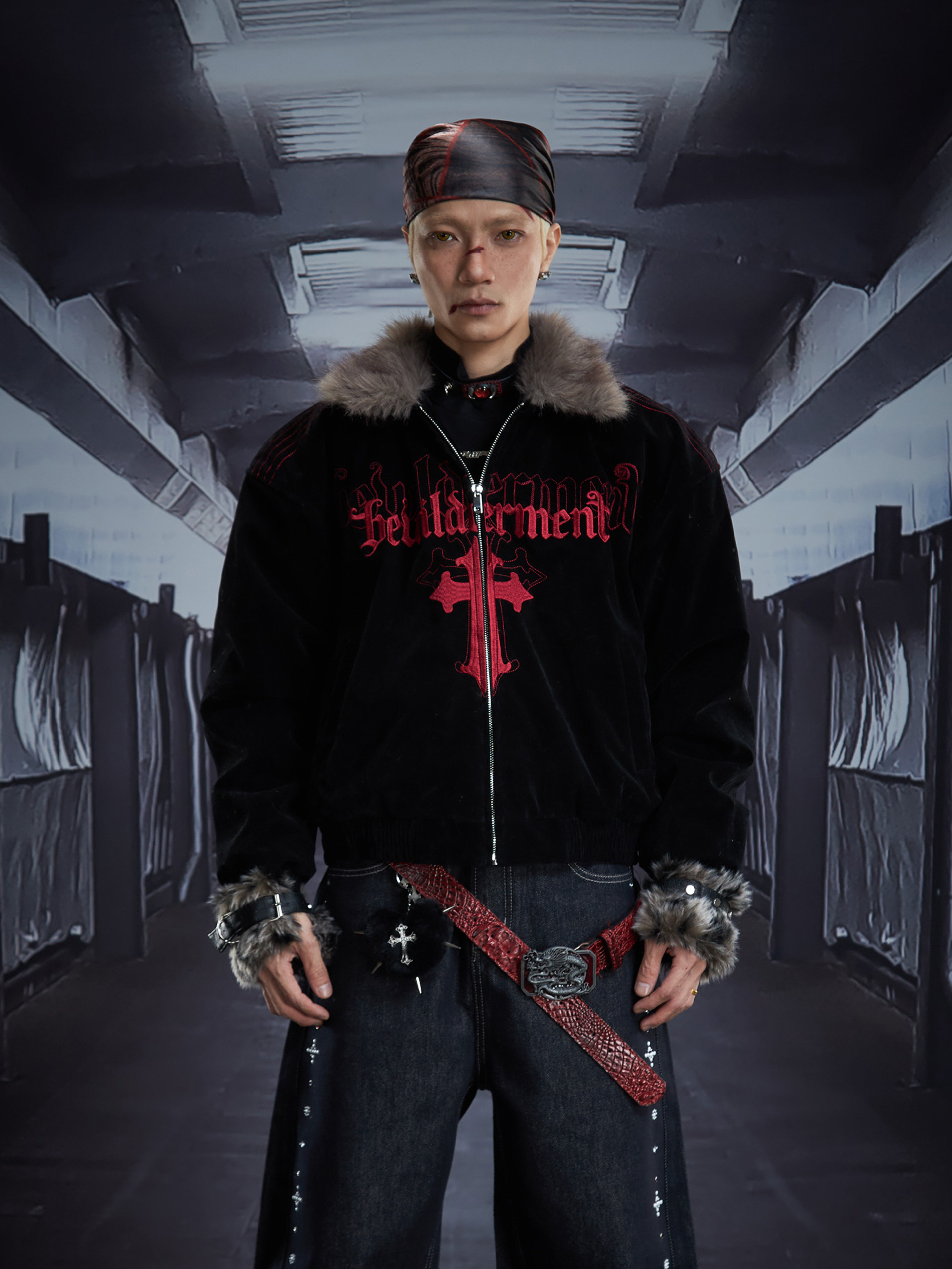 Cross Embroidery Fur Collar Oversize Padded Jacket WN22853