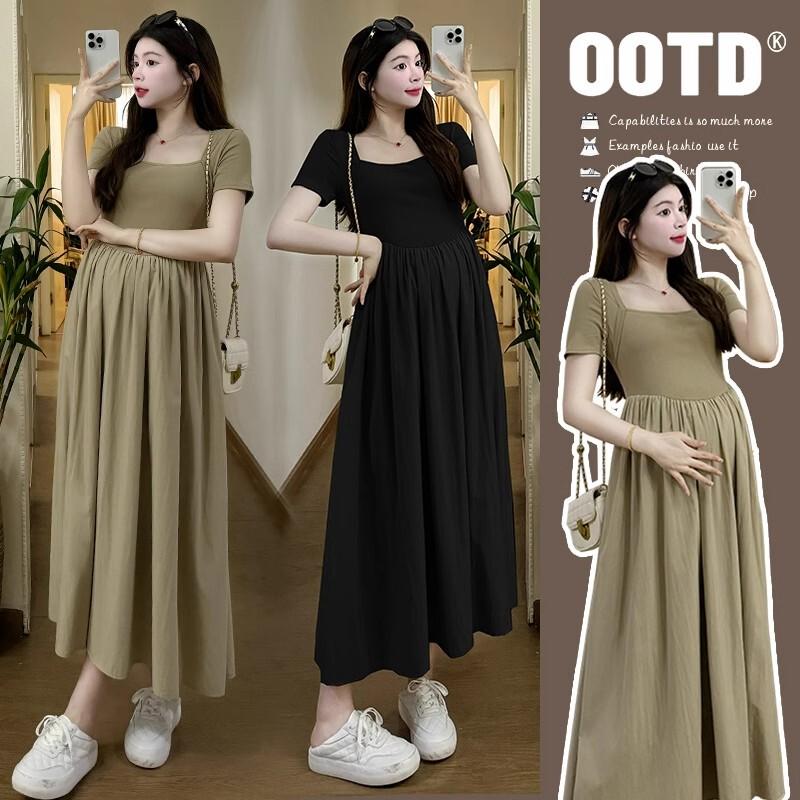 Maternity Wear Summer New Style Short-Sleeved Patchwork Square Neck Waist-Cinching Dress Elegant Long Dress Women's Plus Size Maternity Solid Color Dress