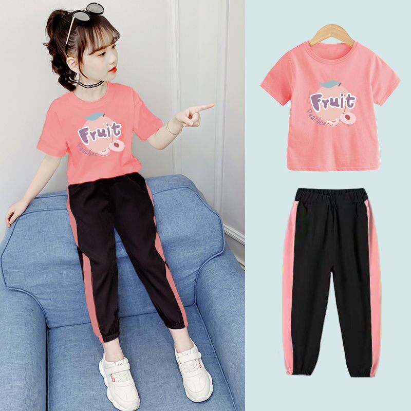 Girls summer suit 2022 new trendy short-sleeved t-shirt pants children's suit female foreign style girls middle and big children