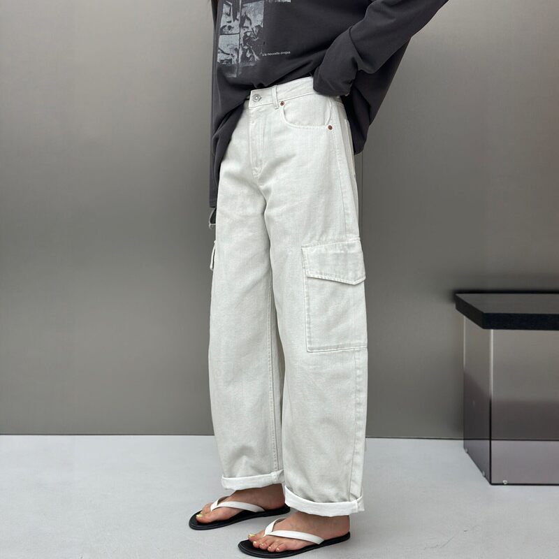 Three-Piece Paper Series Turkish White Denim Distressed Design Versatile Straight-Leg Pants High-Waisted Clean-Cut Jeans for Women
