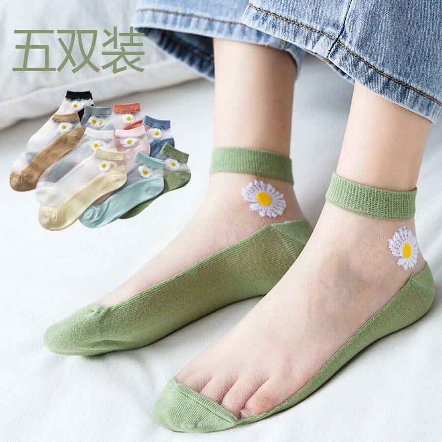 Summer socks female ins small daisy short socks shallow invisible glass stockings thin crystal invisible socks