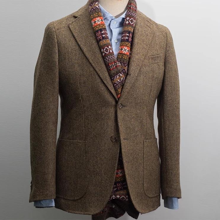 Uncle Nick Wooster Style Suit, Spring and Autumn Vintage Tweed Wool Herringbone Jacket Suit for Men