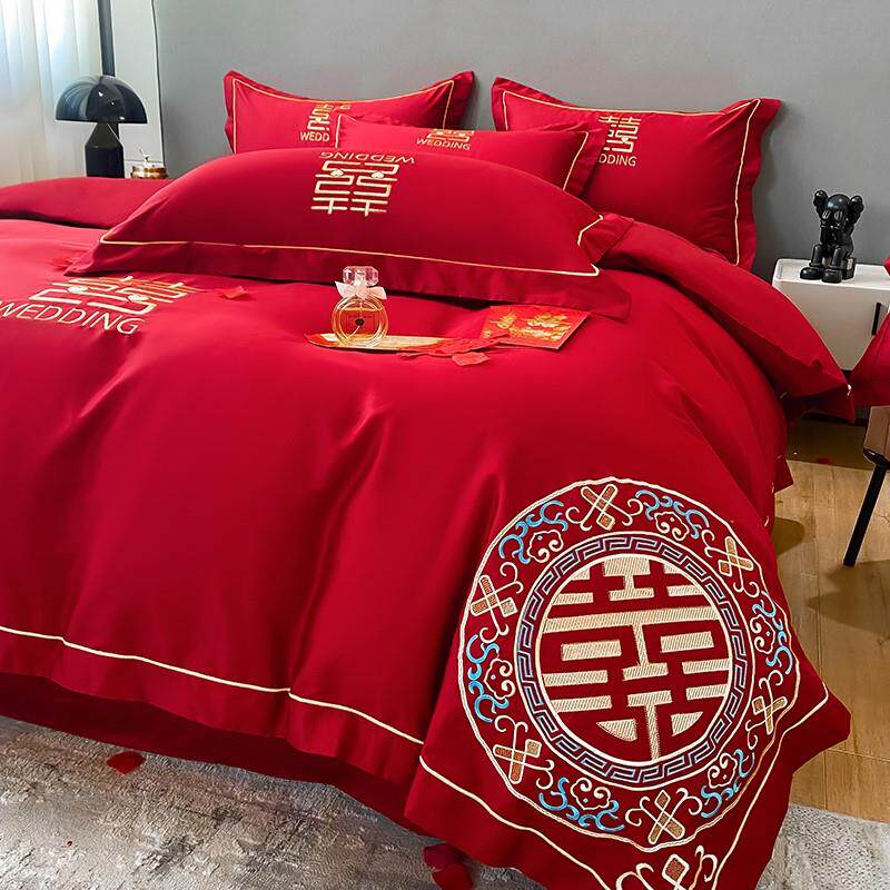 Mengjie Home Textile High-end Chinese embroidery all cotton wedding celebration four pieces of big red sheets were set to marry