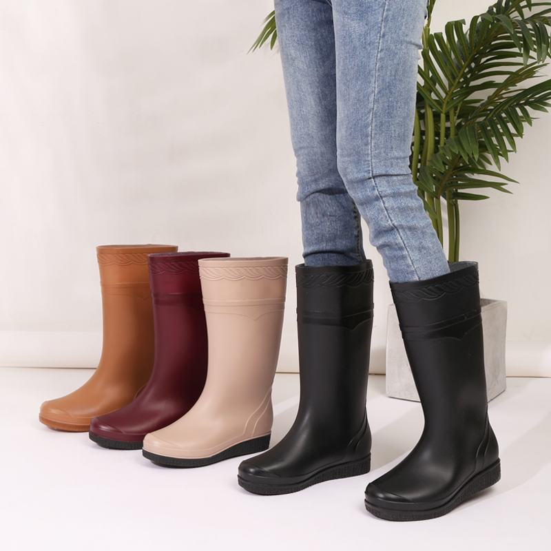 Lady Fashion High Cylinder Rain Shoes Outwear Water Shoes Long Barrel Waterproof Rain Boots Thickened Stew Gluten Bottom Water Boots Anti Slip Rubber Shoes