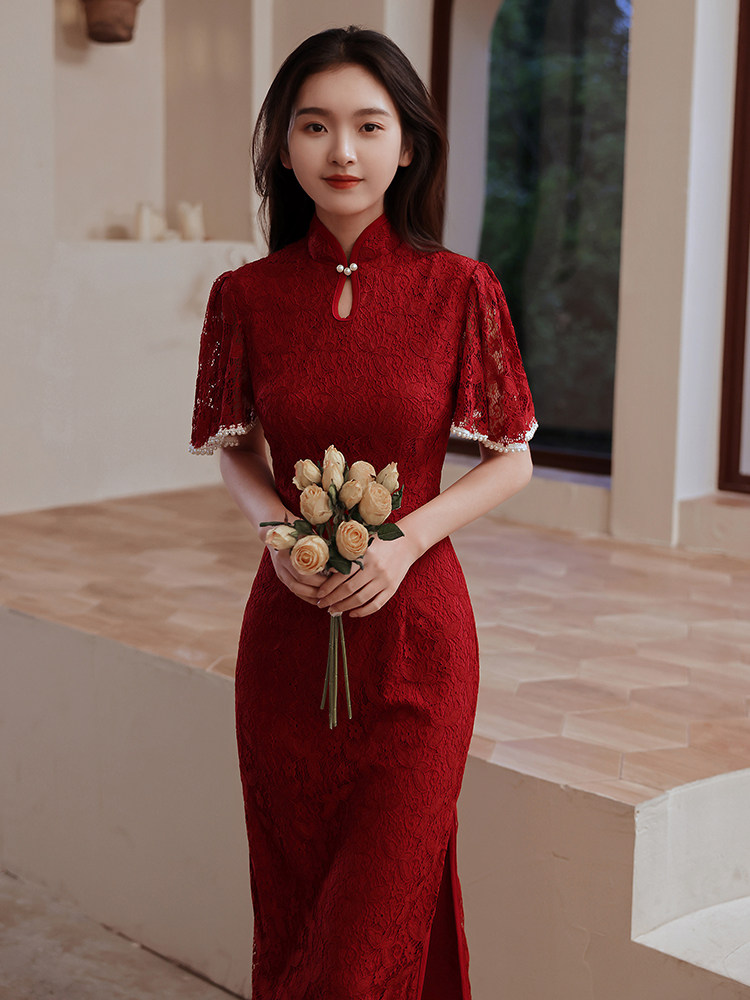 复古民国风红色旗袍改良夏季2025年新款敬酒服新娘礼服气质连衣裙，穿出