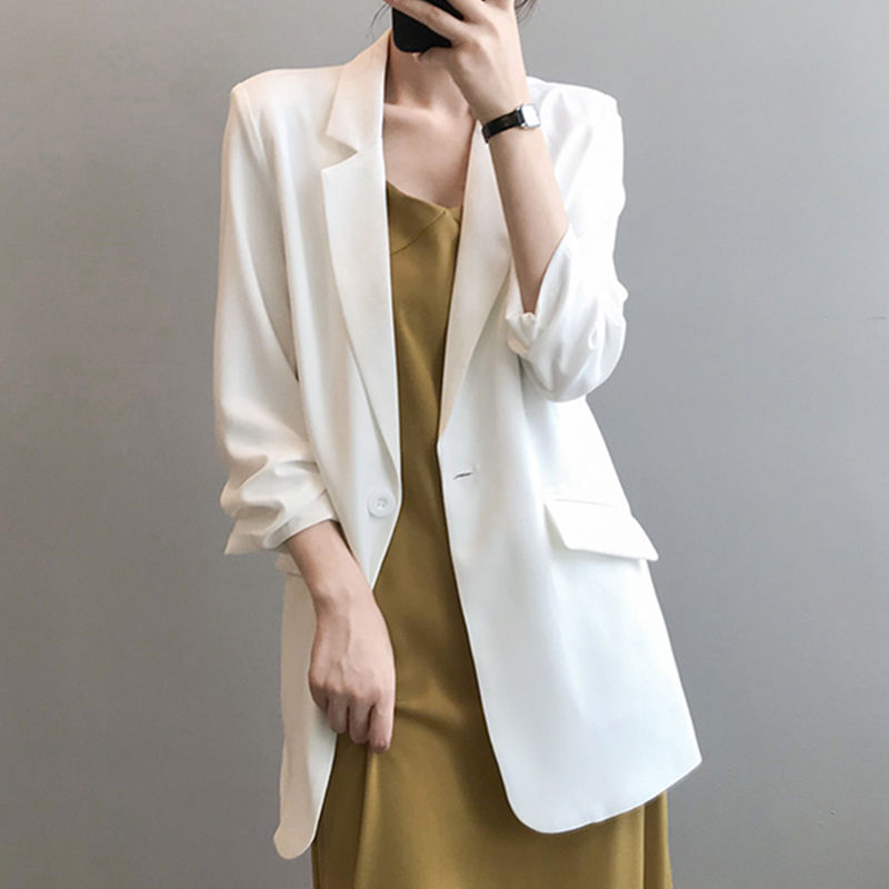 Chiffon Blazer for Women, Thin Spring and Summer Style, Loose Mid-Length White Suit Jacket Paired with a Dress