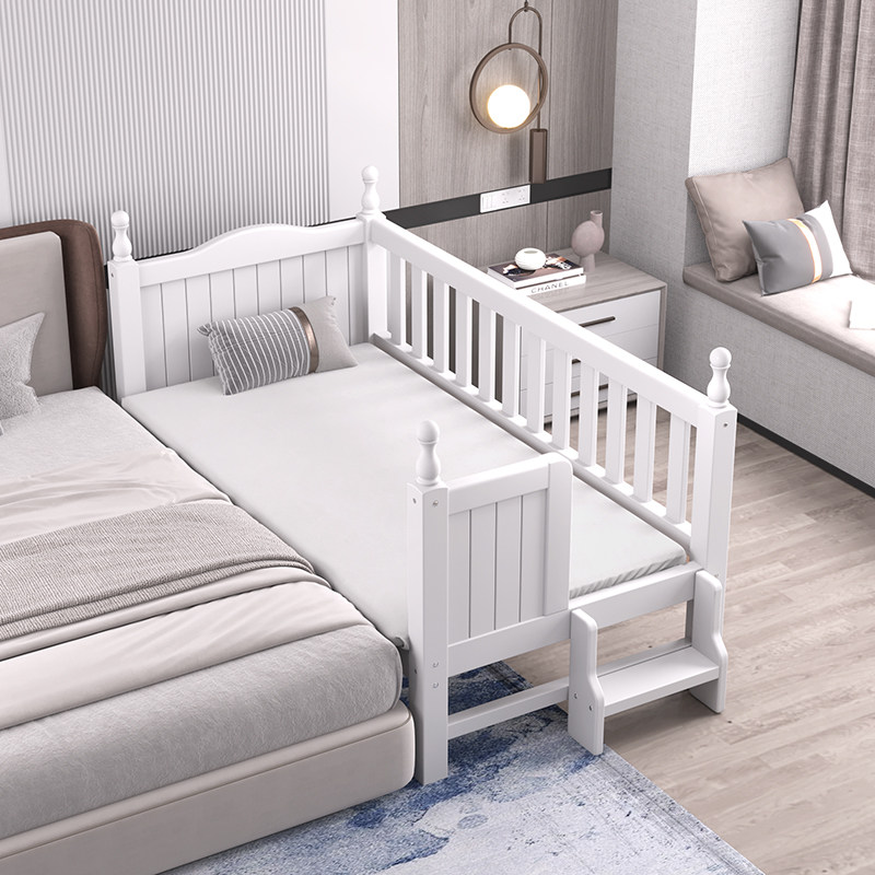 White solid wood children's stitching bed widened bedside walnut color baby cot stitching artifact raised guardrail bed