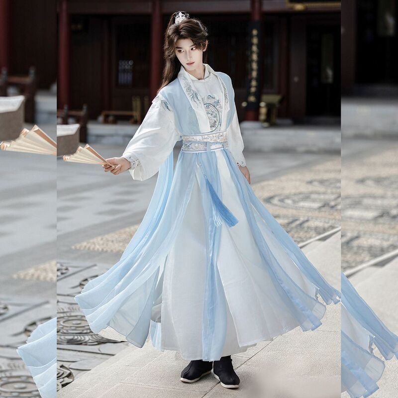 Hanfu Embroidery Set with Han Elements, Round-Neck Robe, Waistcoat, Unisex Ancient Costume, Ethereal Tassels, Blue Long Cape, Improved Version