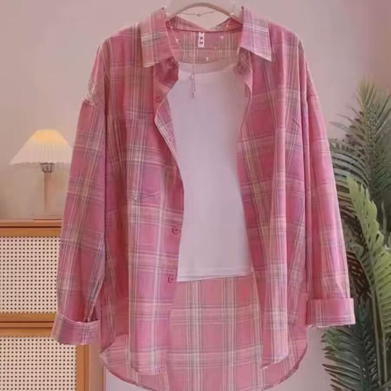 Pink Plaid Shirt for Women, 2025 Summer, Lazy Style, Thin, Breathable Jacket, Unique Design, Niche Long-Sleeve Top, Trendy