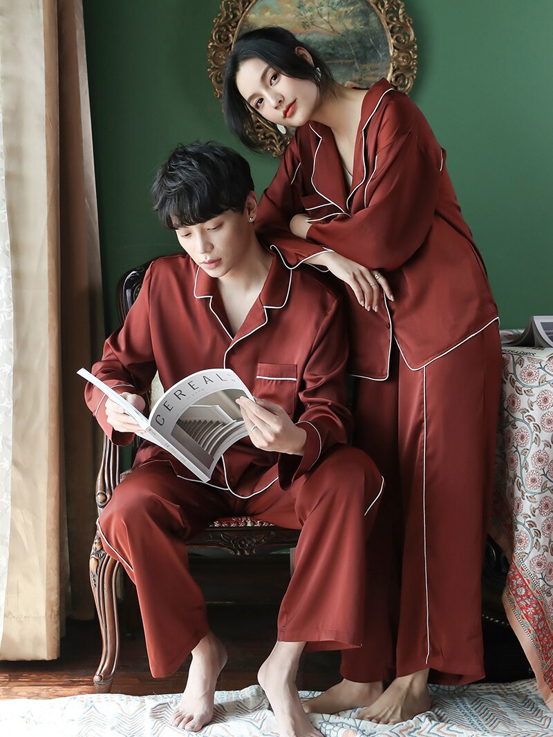 Lovers pyjamas women's spring and autumn style large size long sleeve cardiovert red home dress ice silk can be worn out of silk men's suit