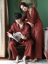 Couple sleepwear womens spring and fall big code long sleeve cardiovert red home dress ice silk can be worn out of silk mens suit