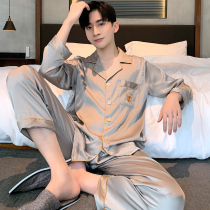 Men Sleeping Clothes Spring Autumn Style Ice Silk Long Sleeve Big Code Home Conserved Simple Casual Silk Autumn Winter Thin pieces Two sets