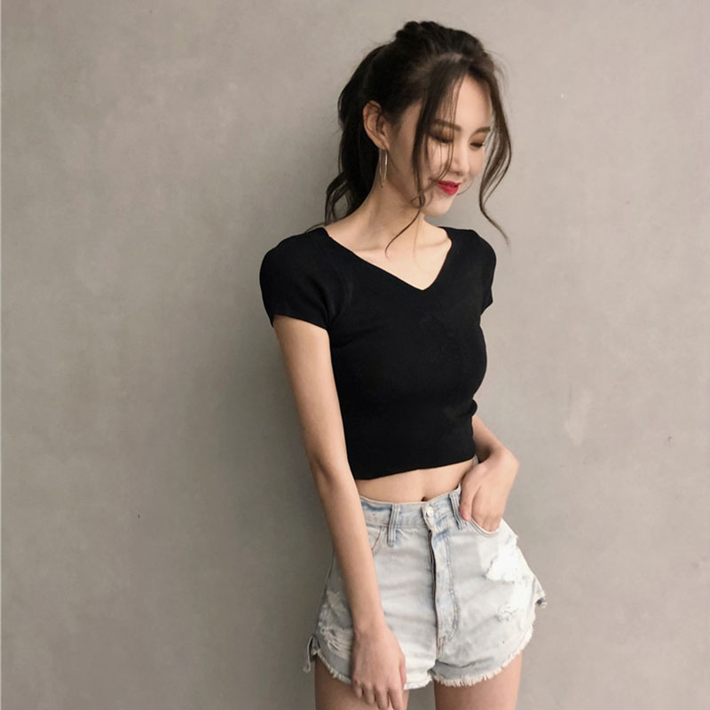 Blacksummer 2021 fashion Women's wear V-neck Hollow out Exposed navel Short sleeve Solid color Undershirt jacket within have cash less than that is registered in the accounts T-shirt tide