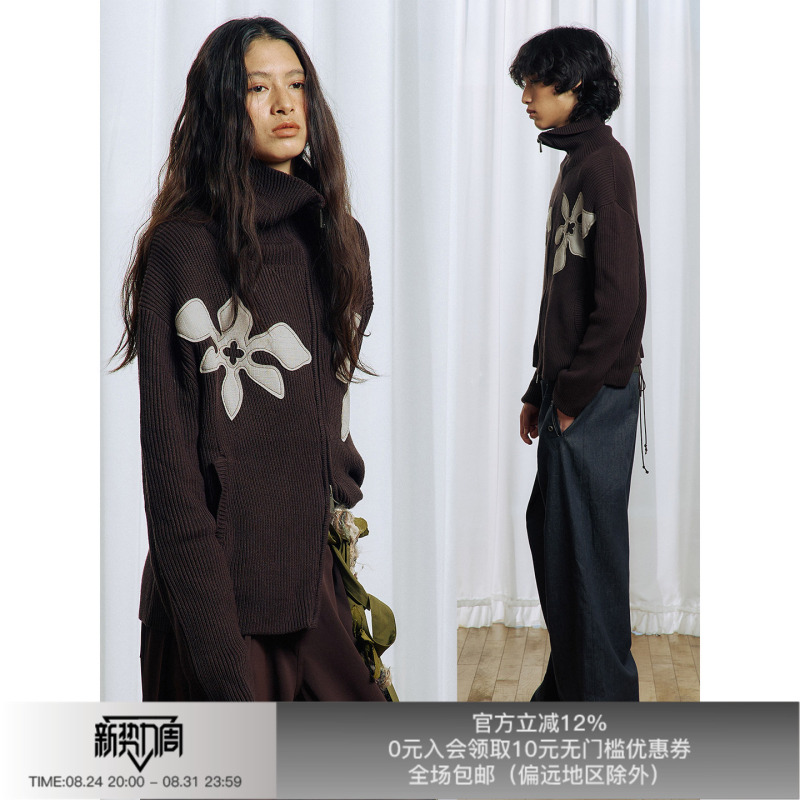 Apriority Aiyana's Everlasting Floral Applique High-Neck Diagonal Zipper Sweater Jacket Apriority Aiyana's Everlasting Floral Applique High-Neck Diagonal Zipper Sweater Jacket
