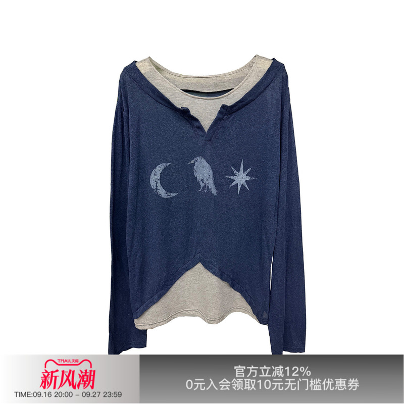 Apriority Raven Print Scissor Hem Lyocell Blend V-Neck Fake Two-Piece Long Sleeve T-Shirt Apriority Raven Print Scissor Hem Lyocell Blend V-Neck Fake Two-Piece Long Sleeve T-Shirt