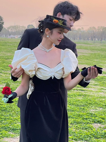 Черное дорожное ретро свадебное платье, французский ретро стиль