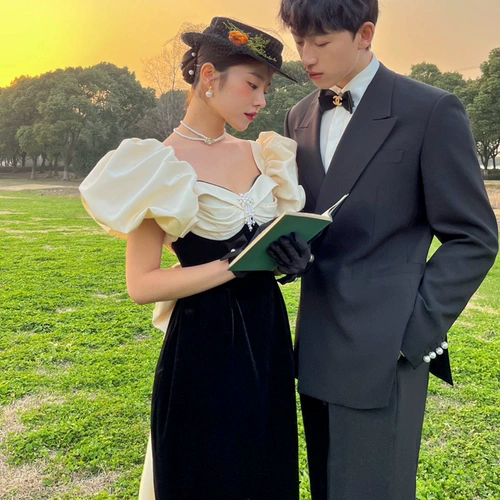 Черное дорожное ретро свадебное платье, французский ретро стиль