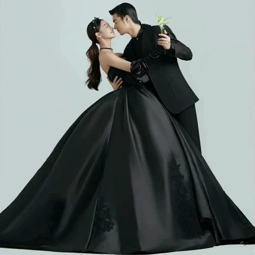 Новый черный атласный топ для фотостудии в стиле ретро, простой хвост, одежда для свадебной фотосъемки в помещении, платье для фотосъемки