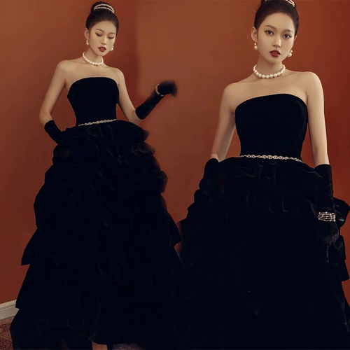 Ретро бархатное черное свадебное платье, французский стиль