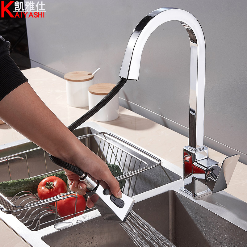 Kitchen pull-out tap hot and cold dishwashing vegetable basin sink full copper swivel telescopic splash-proof tap Home Dual-purpose