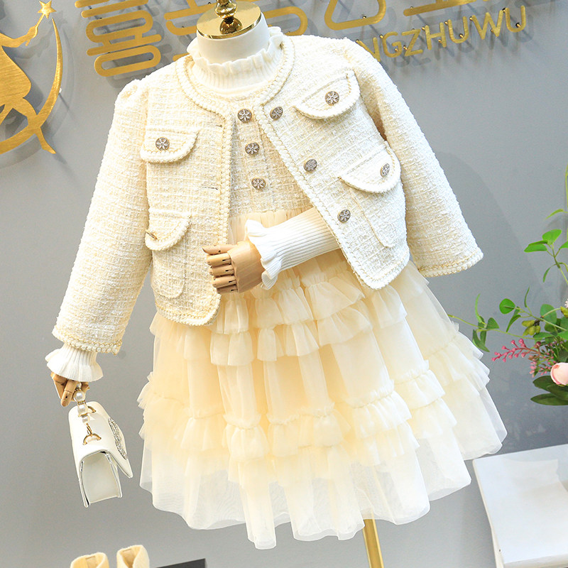 Hong Kong Girl Suit Small Scent Wind 2022 Spring Autumn Clothing New Style Jacket Children's Vest Dress Plus Suede Two Sets