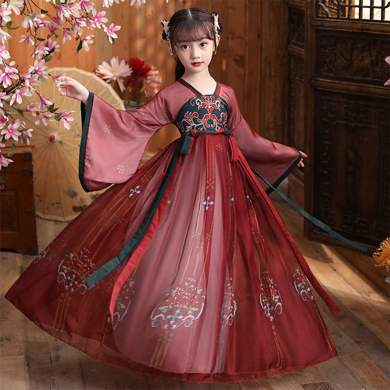 Children's Hanfu girls spring and autumn costumes super fairy Chinese style dress students guzheng costumes cherry blossom princess girl