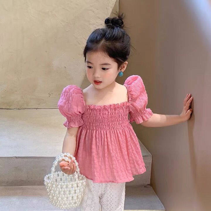 Girls Summer Dress French Puff Sleeve Top Western Style Backless Square Collar Shirt Children's Chiffon Shirt Shirt Girl Baby Trendy