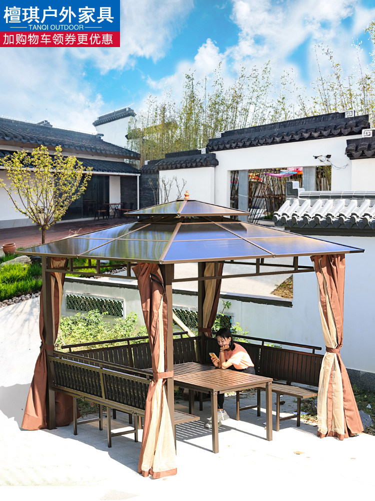 Outdoor tea gazebo construction site courtyard villa terrace wrought iron four-column pavilion PC roof four-corner pavilion modern wooden house