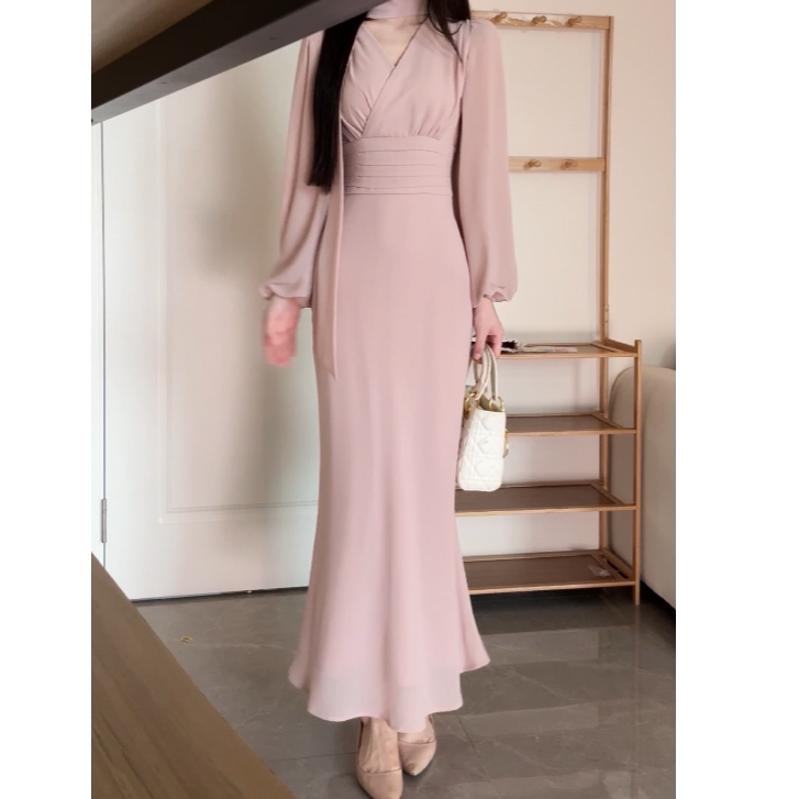 [Moonlight Dance] Early Autumn French Ribbon Neck V-Neck Long Dress Slim Fit Long Sleeve Mermaid Dress Xy-201