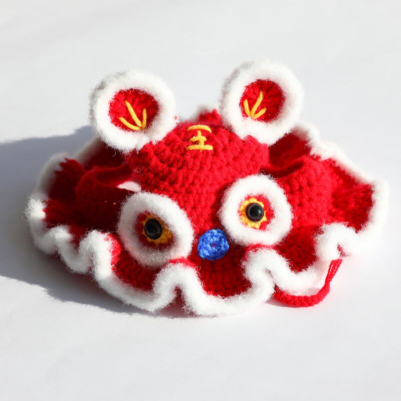 New Year Tiger Head Hat Pet Jewelry Handmade Wool Knitted Cat Red Hat Dog New Year Head Cover Photo