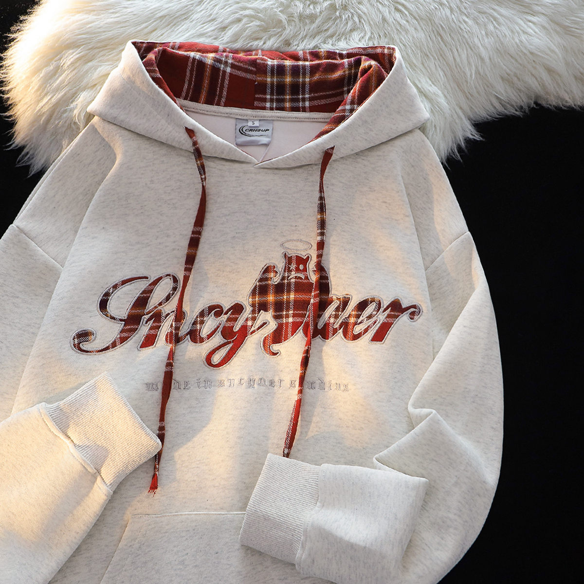 アメリカンレイジーシックなチェック柄刺繍フード付きスウェットシャツレディース春秋ゆったり韓国版オーバーサイズカップルジャケット
