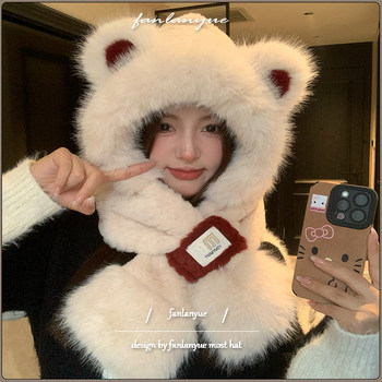 Bear ears plush hat scarf women's winter new double-layer thickened warmth and cold protection cycling and cold-proof lei feng hat