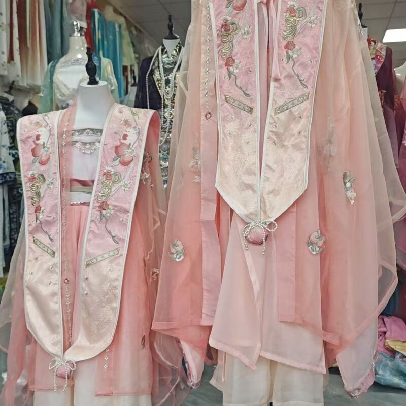 Peach Fairy Children's Song Dynasty Style Heavy Embroidery Large Sleeve Shirt and Flower Hairpin Set, Pink Embroidered Shawl with Pearl Makeup