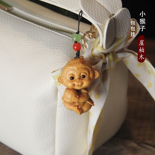 Thuja Wood Carving Little Monkey Bag Charm Solid Wood Sun Wukong Zodiac Monkey Hand-Held Ornament Phone Charm Keychain 12 Zodiac Signs