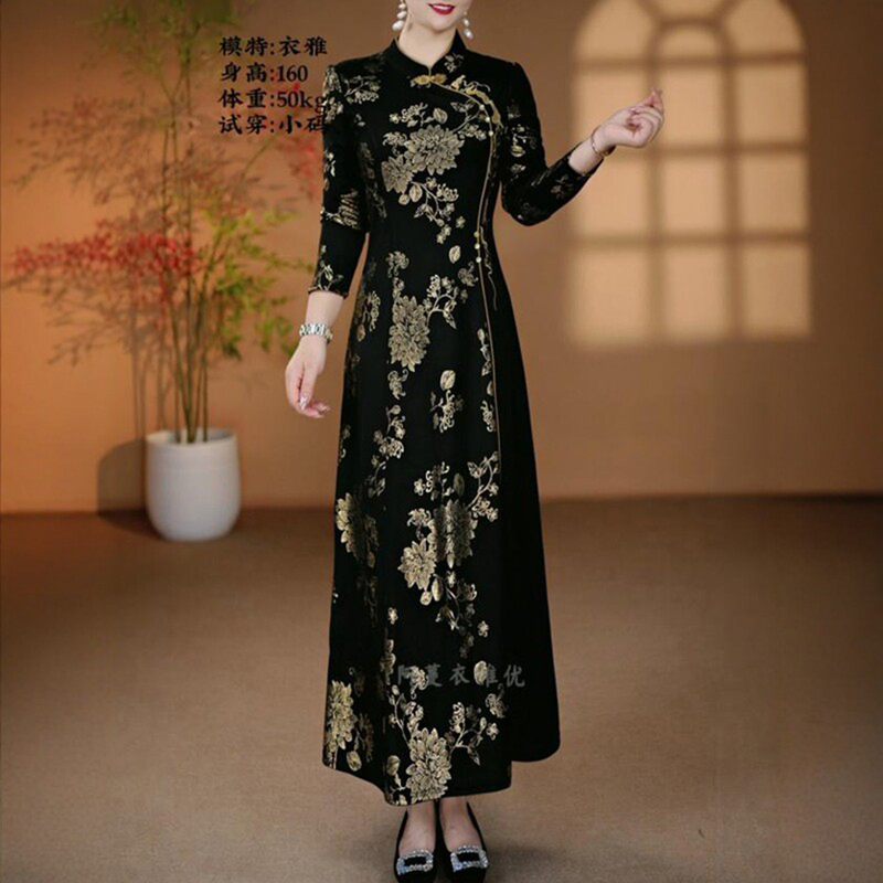 Elegant Golden Floral Modified Cheongsam Dress, New Autumn Fashion, Exquisite Craftsmanship, Slimming and Elegant Long-Sleeve Dress Elegant Golden Floral Modified Cheongsam Dress, New Autumn Fashion, Exquisite Craftsmanship, Slimming and Elegant Long-Sleeve Dress