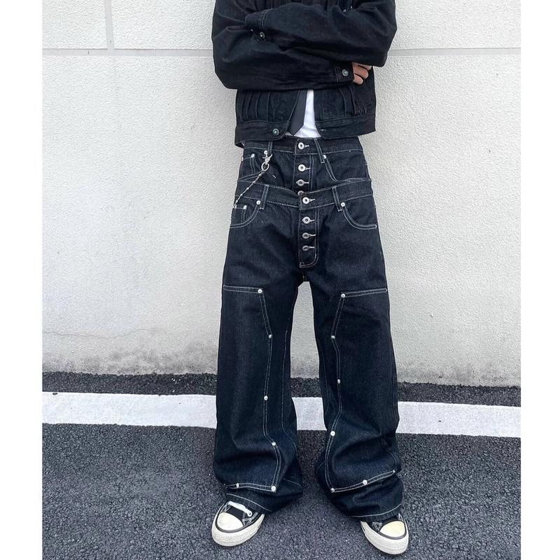Double Waistband, Eight-Ring Buckle, Studded Vintage Raw Denim Baggy Loose Straight-Leg Streetwear Lumberjack Jeans, Versatile and Trendy
