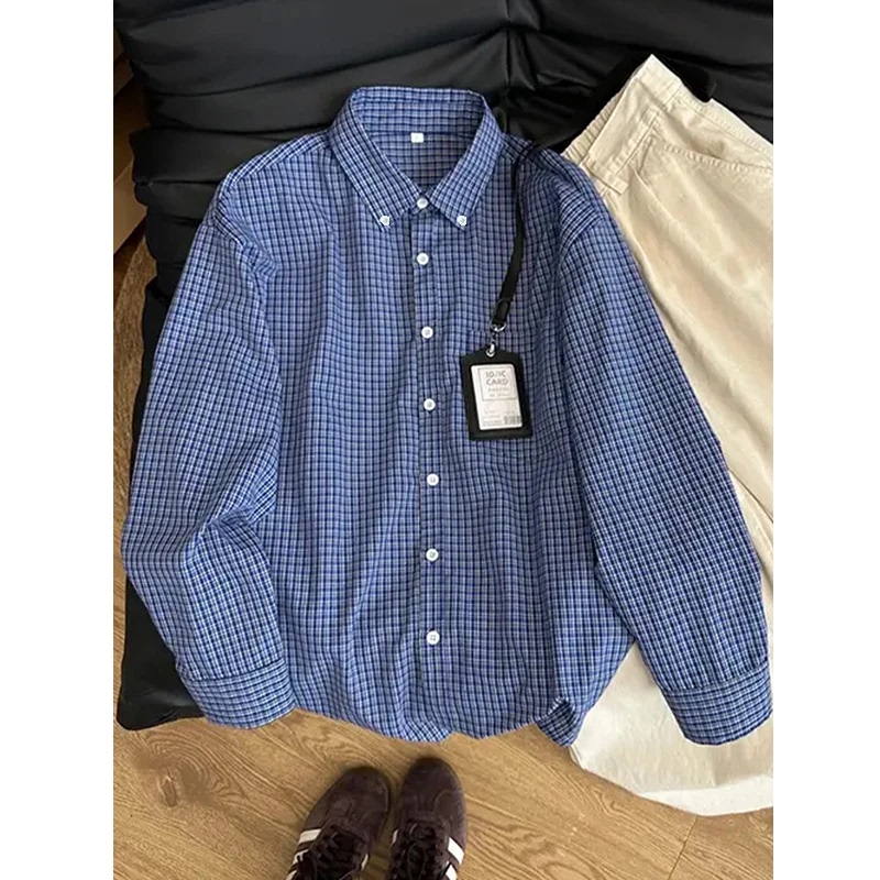Vintage Blue Plaid Long-Sleeved Shirt for Men, Preppy Style, High-Fashion Layered Shirt, Couple Plaid Jacket Vintage Blue Plaid Long-Sleeved Shirt for Men, Preppy Style, High-Fashion Layered Shirt, Couple Plaid Jacket