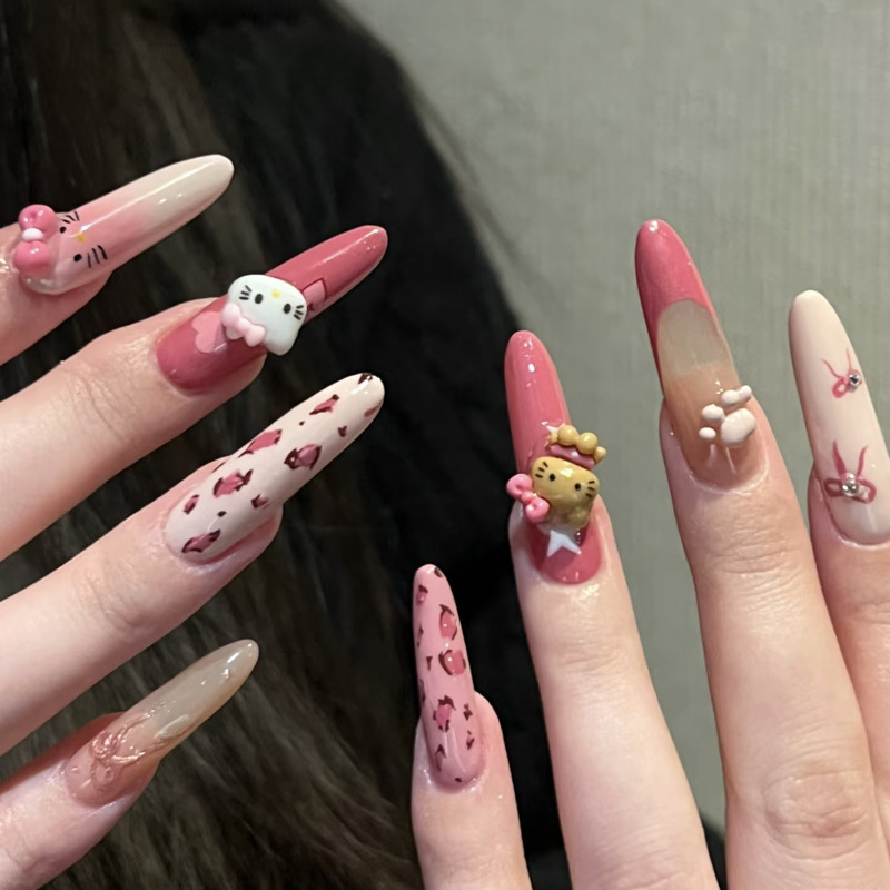 Dragon Fruit Color Leopard Print Kitty Handmade Wearable Nails Y2K Style Brightening Cute Comic Style Long Detachable Nail Art