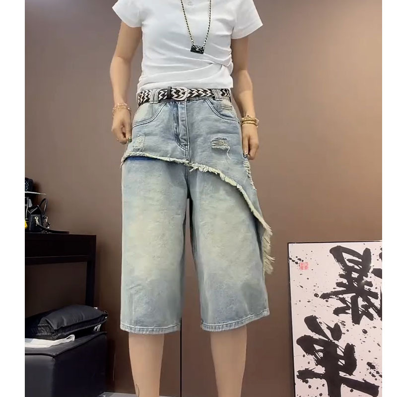 Plus-Size Blue Faux Two-Piece Ripped Jeans for Women, Summer Thin High-Waisted Stretchy Slimming Versatile Cropped Wide-Leg Pants Plus-Size Blue Faux Two-Piece Ripped Jeans for Women, Summer Thin High-Waisted Stretchy Slimming Versatile Cropped Wide-Leg Pants