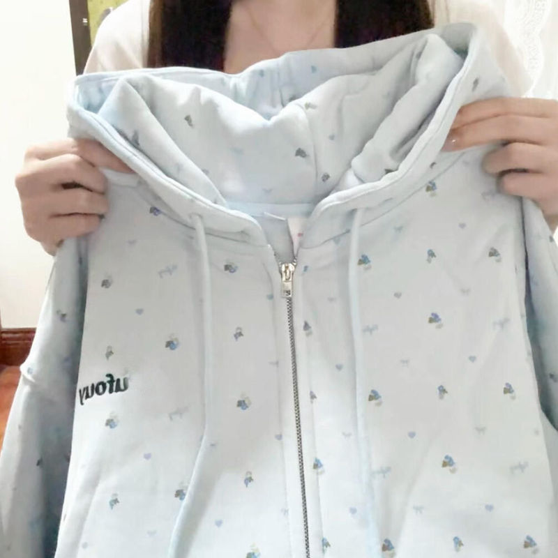 Blue Fresh Floral Hooded Zip-Up Sweatshirt Korean Style Women's Autumn and Winter Casual Loose Slimming Versatile Cardigan Blue Fresh Floral Hooded Zip-Up Sweatshirt Korean Style Women's Autumn and Winter Casual Loose Slimming Versatile Cardigan