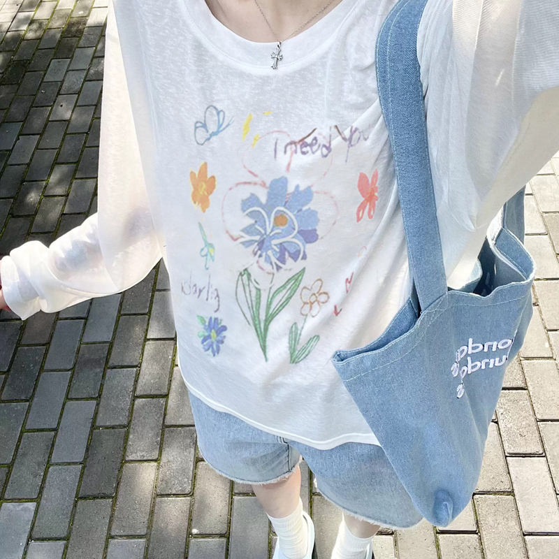 Korean-Style Floral Secret Paradise~ Transparent Snowflake Cotton Zero-Pressure Long-Sleeve T-Shirt for Women, Summer Petite Lazy Sun-Protection Cover-Up Korean-Style Floral Secret Paradise~ Transparent Snowflake Cotton Zero-Pressure Long-Sleeve T-Shirt for Women, Summer Petite Lazy Sun-Protection Cover-Up
